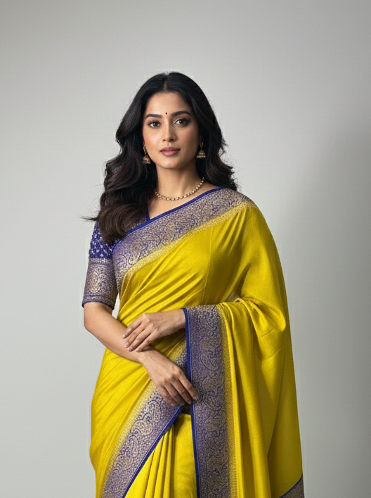 Neon yellow mango design plain pure banrasi crepe silk saree
