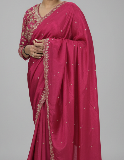 Rani pink handwork stitched blouse designer full sleeve party saree