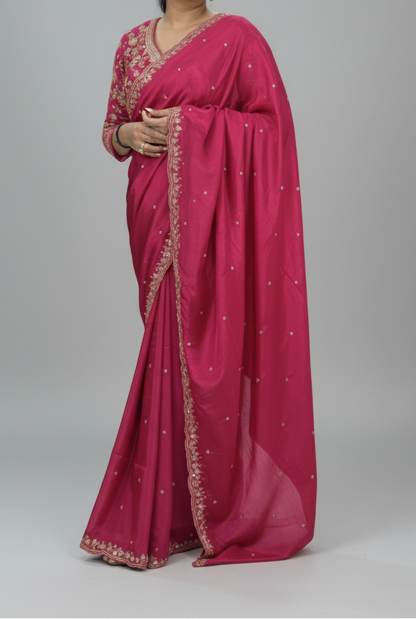 Rani pink handwork stitched blouse designer full sleeve party saree