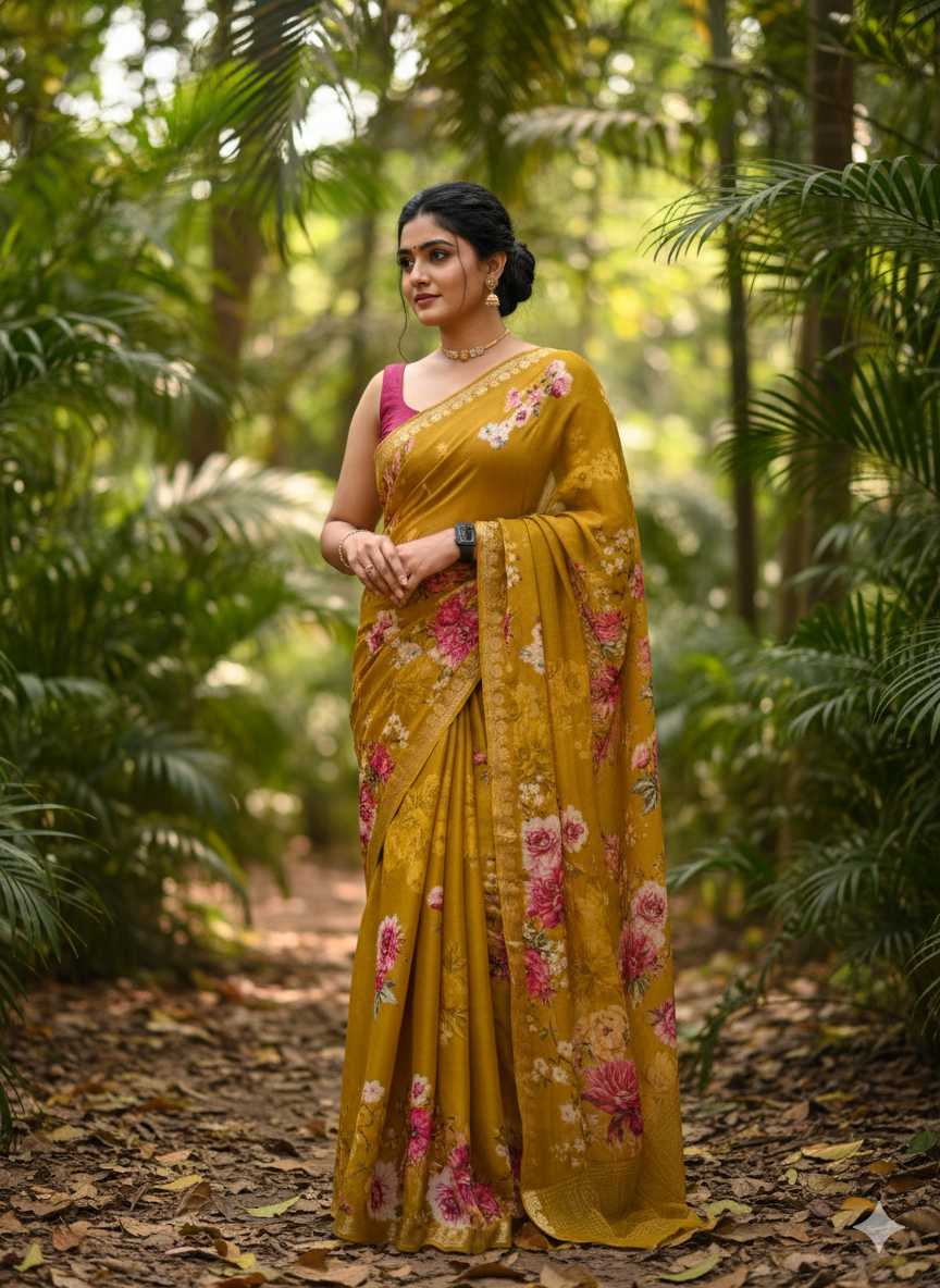 Bright Yellow Digital Print Chinon-09 Saree – Lightweight Designer Saree for Festive & Party Wear
