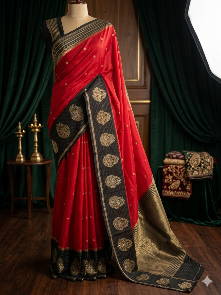 Rashmika mandanna red n black semi mysore crepe saree RM105