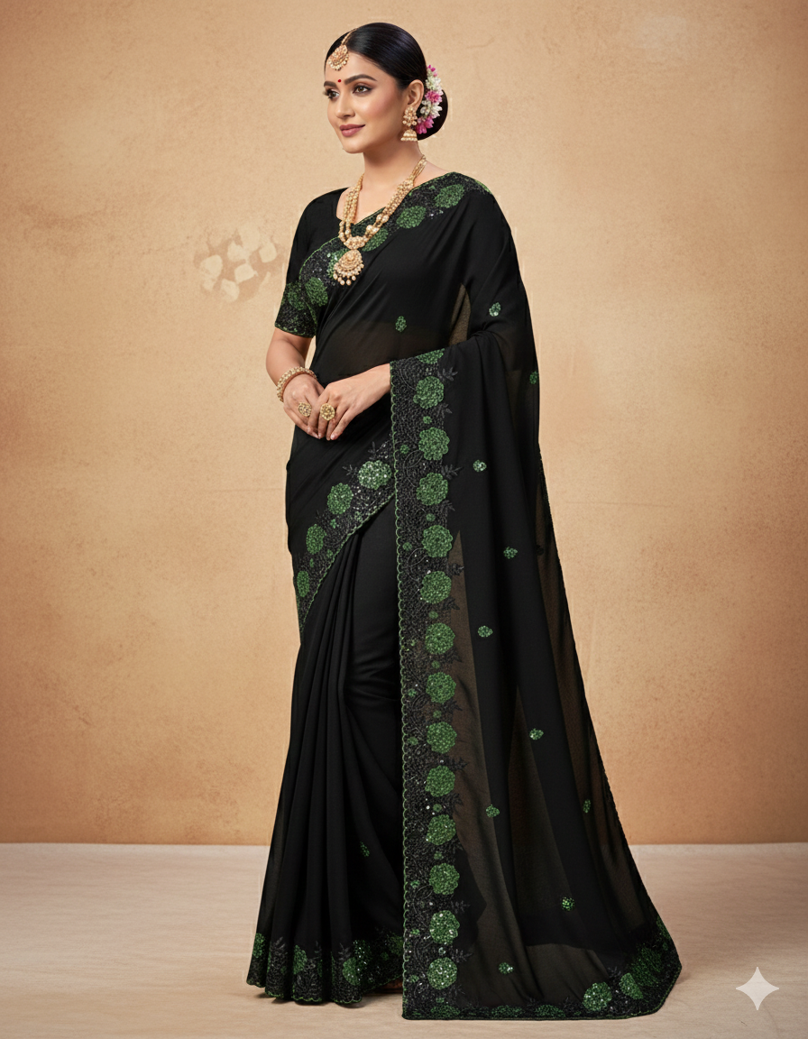 Black with mehandi green cut work border embroidery georgette
