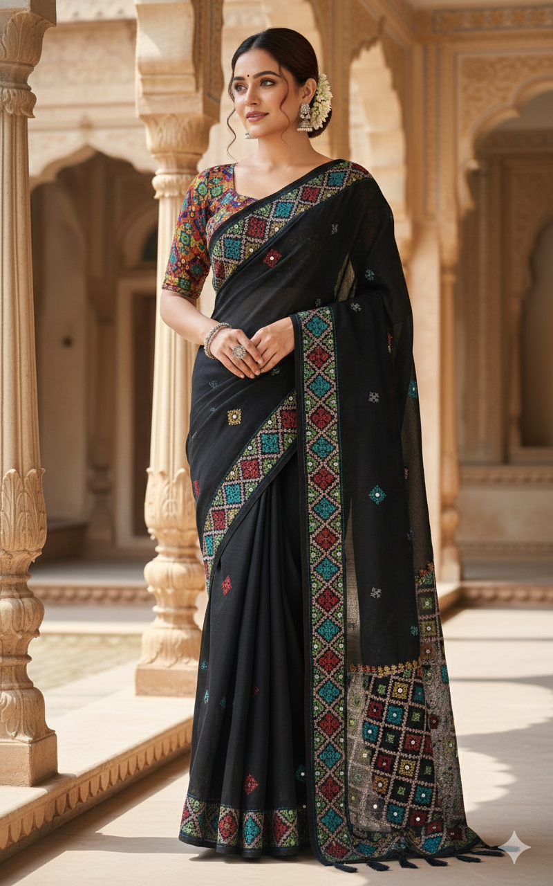 Black small border pure organza saree (black 102)