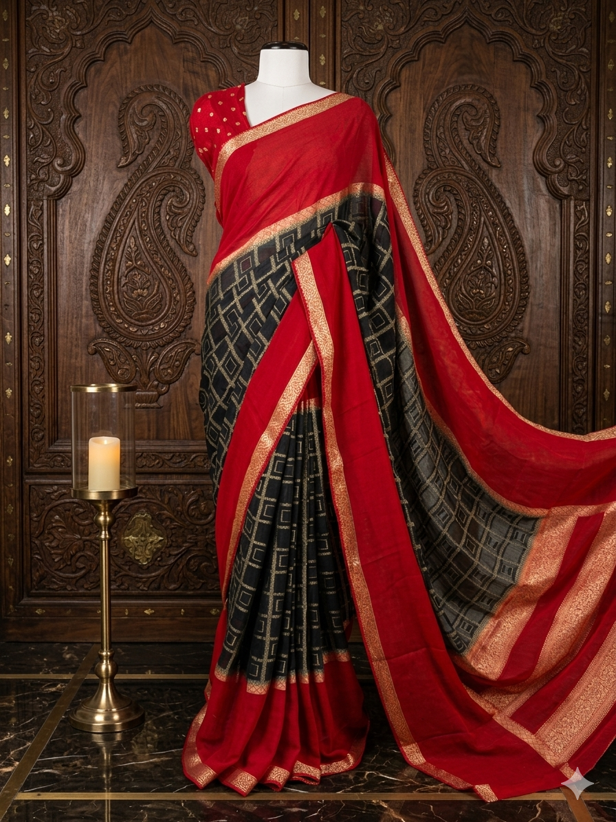 Rashmika mandanna red n black semi mysore crepe saree RM105