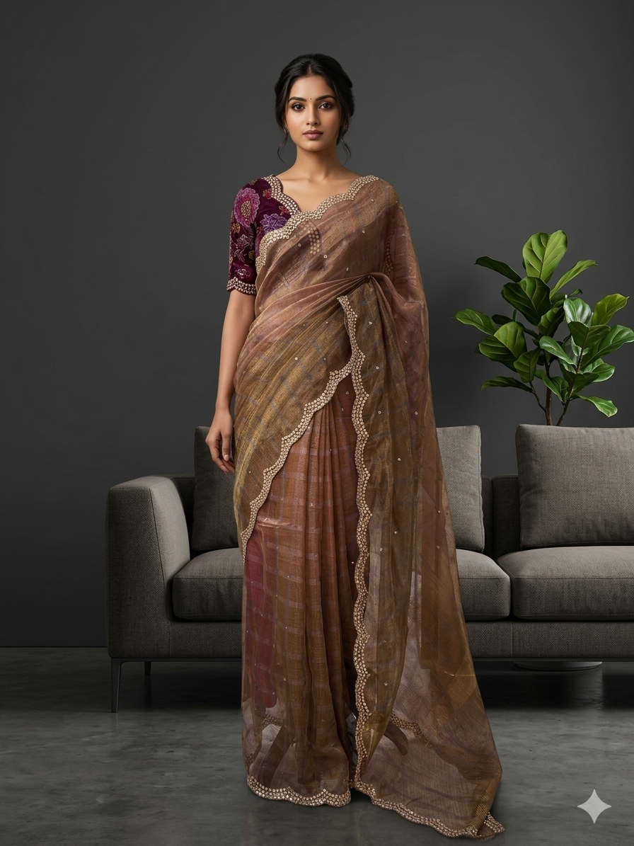 2D checks pure Kora tissue 104 with velvet embroidery work blouse piece saree