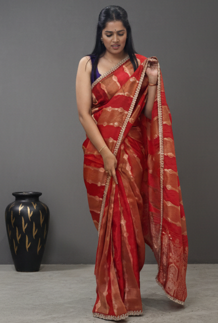 Red stripes scallop border party wear 104 saree