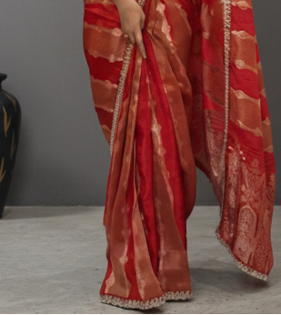 Red stripes scallop border party wear 104 saree
