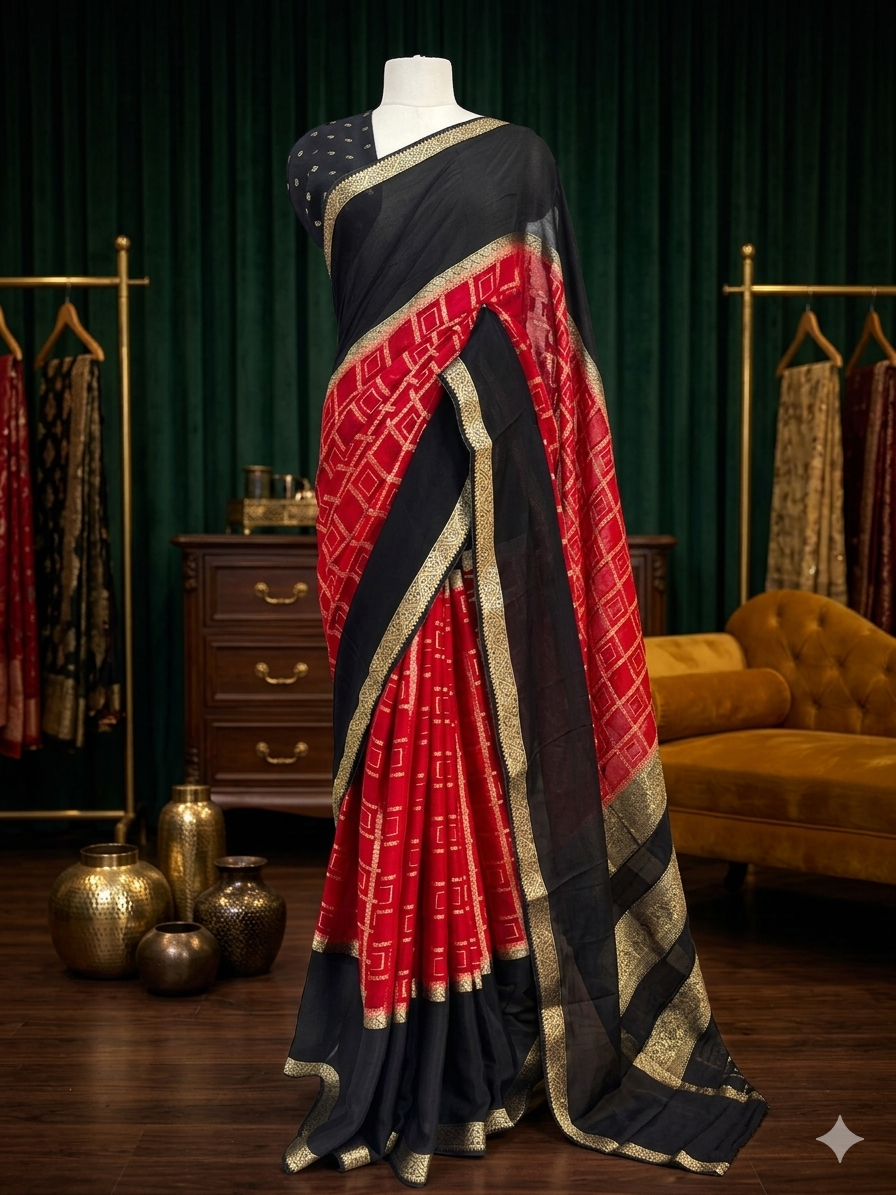 Rashmika mandanna red n black semi mysore crepe saree RM105