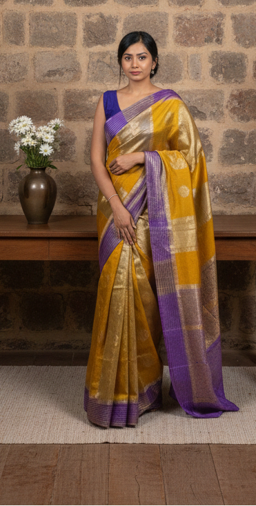 Yellow n purple fusion moonga silk saree