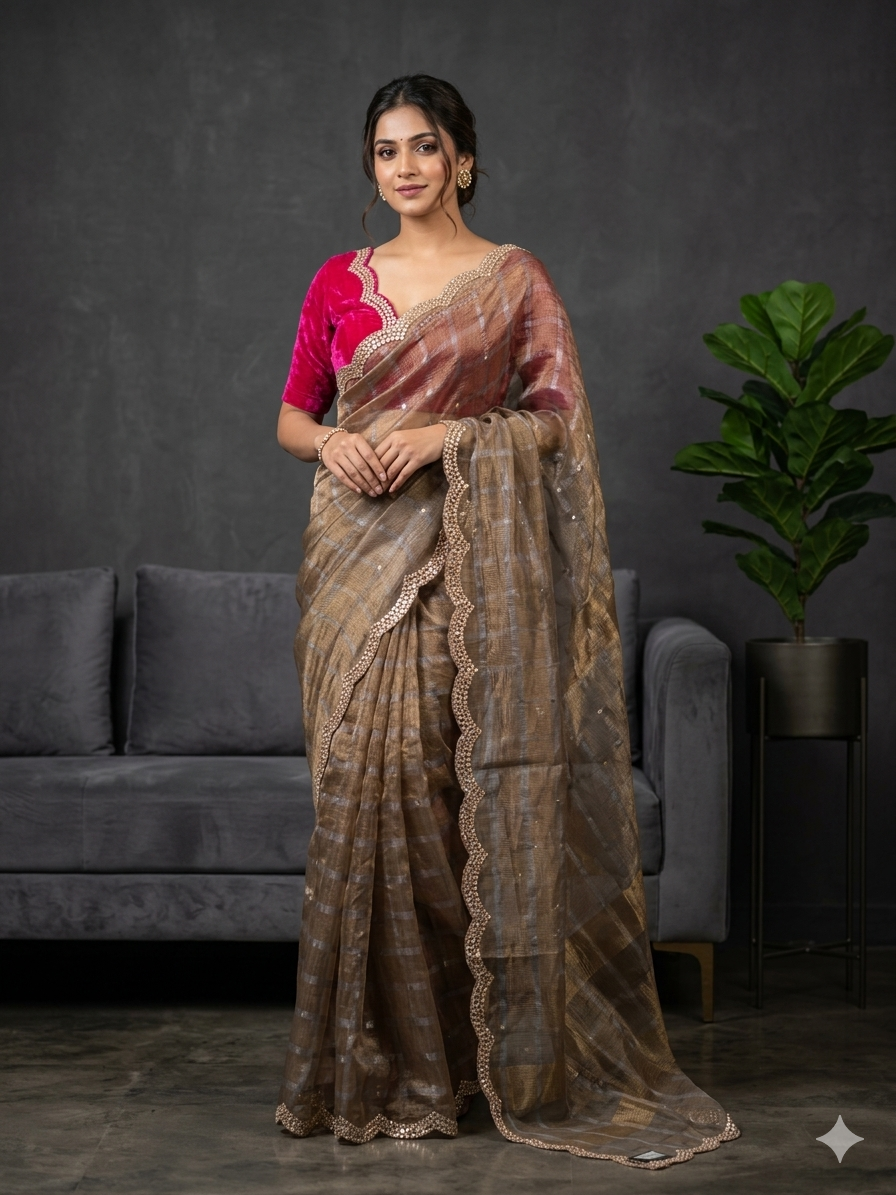 2D checks pure Kora tissue 104 with velvet embroidery work blouse piece saree