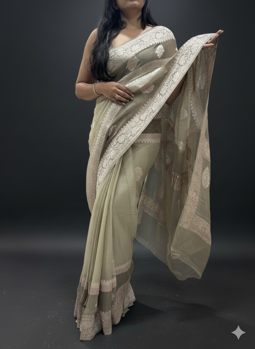 Cream n light grey benarasi double border pure chiffon saree