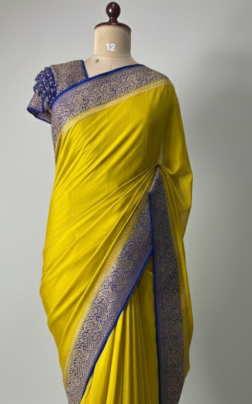 Neon yellow mango design plain pure banrasi crepe silk saree