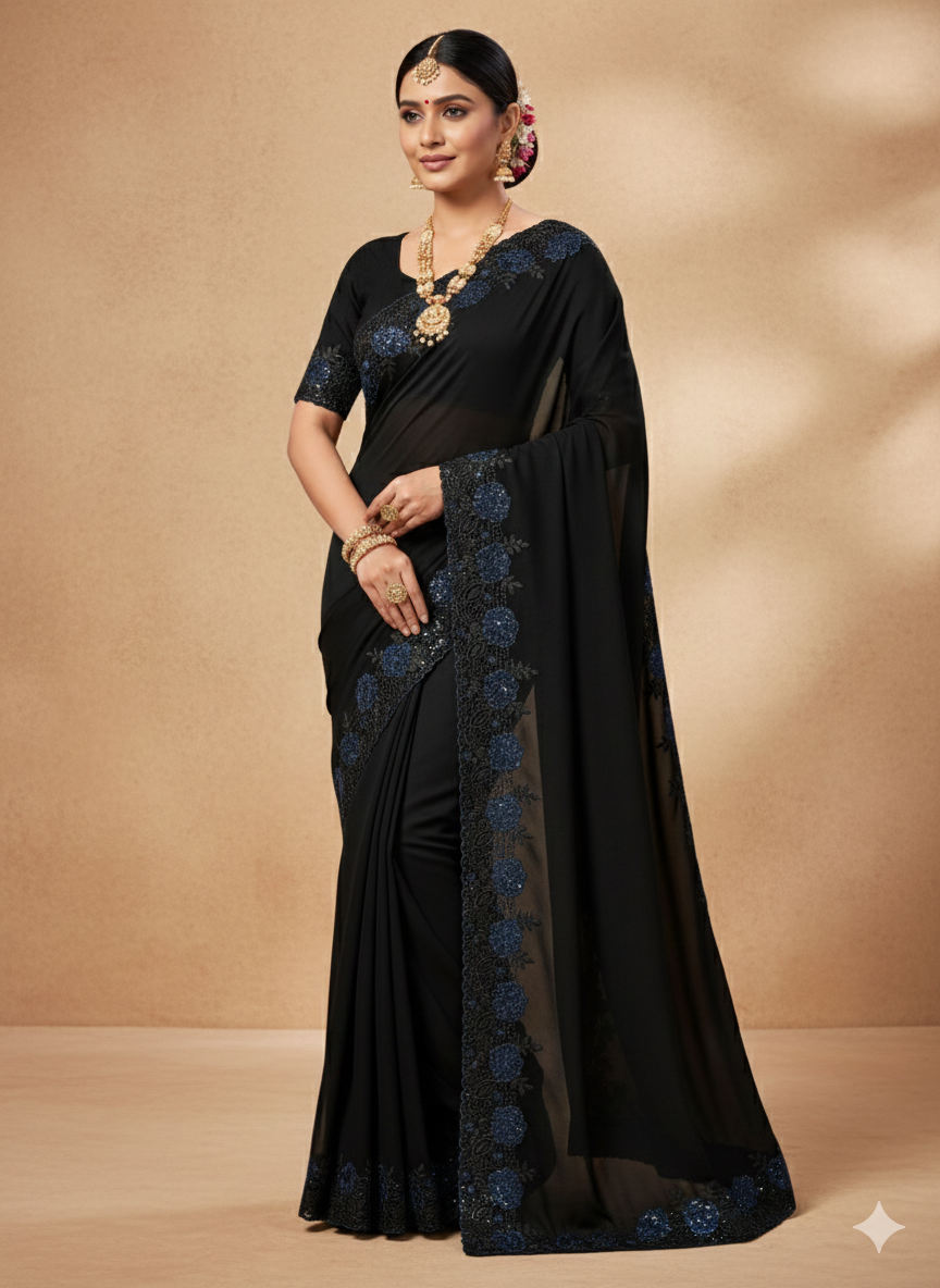 Black with blue cut work border embroidery georgette