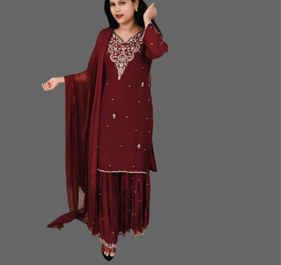 "PARI"  Wine Designer Kurtha Set with Handwork and Palzoo Pant