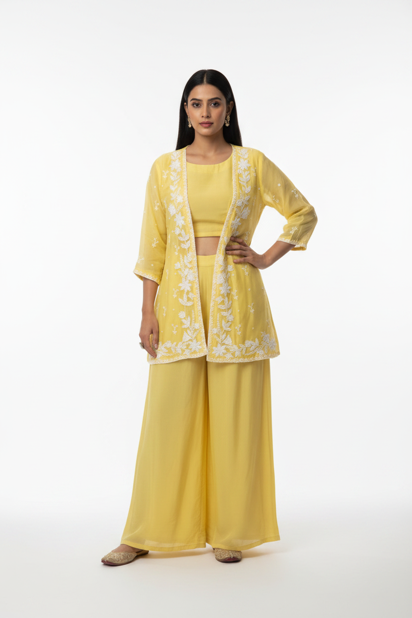 "PARI" Lemon Yellow Designer Kurtha 43 Set with pearl handwork   Top, Palazoo and Jacket Indo-western cape