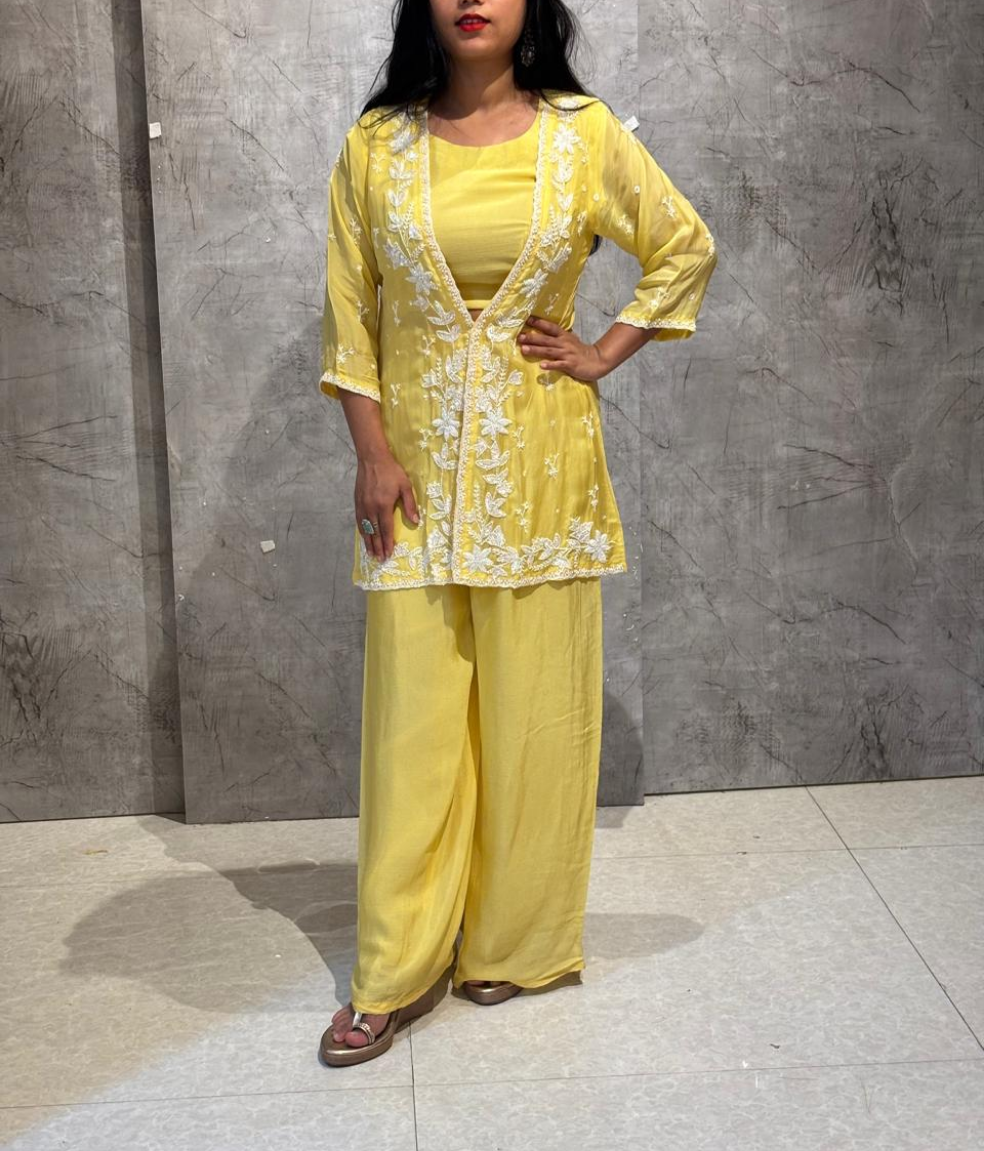 "PARI" Lemon Yellow Designer Kurtha 43 Set with pearl handwork   Top, Palazoo and Jacket Indo-western cape