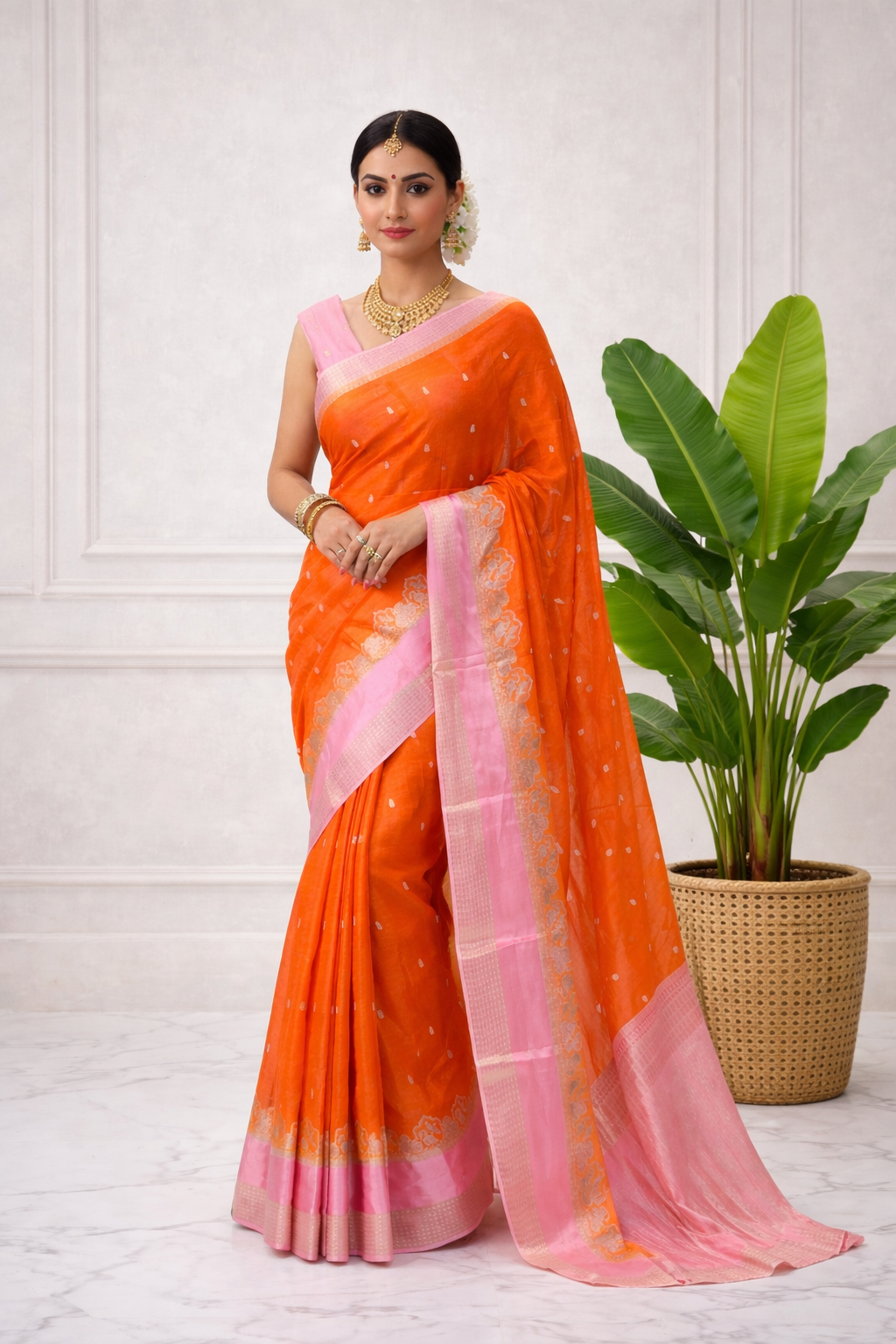 Orange n peach chinnon 102 crepe saree