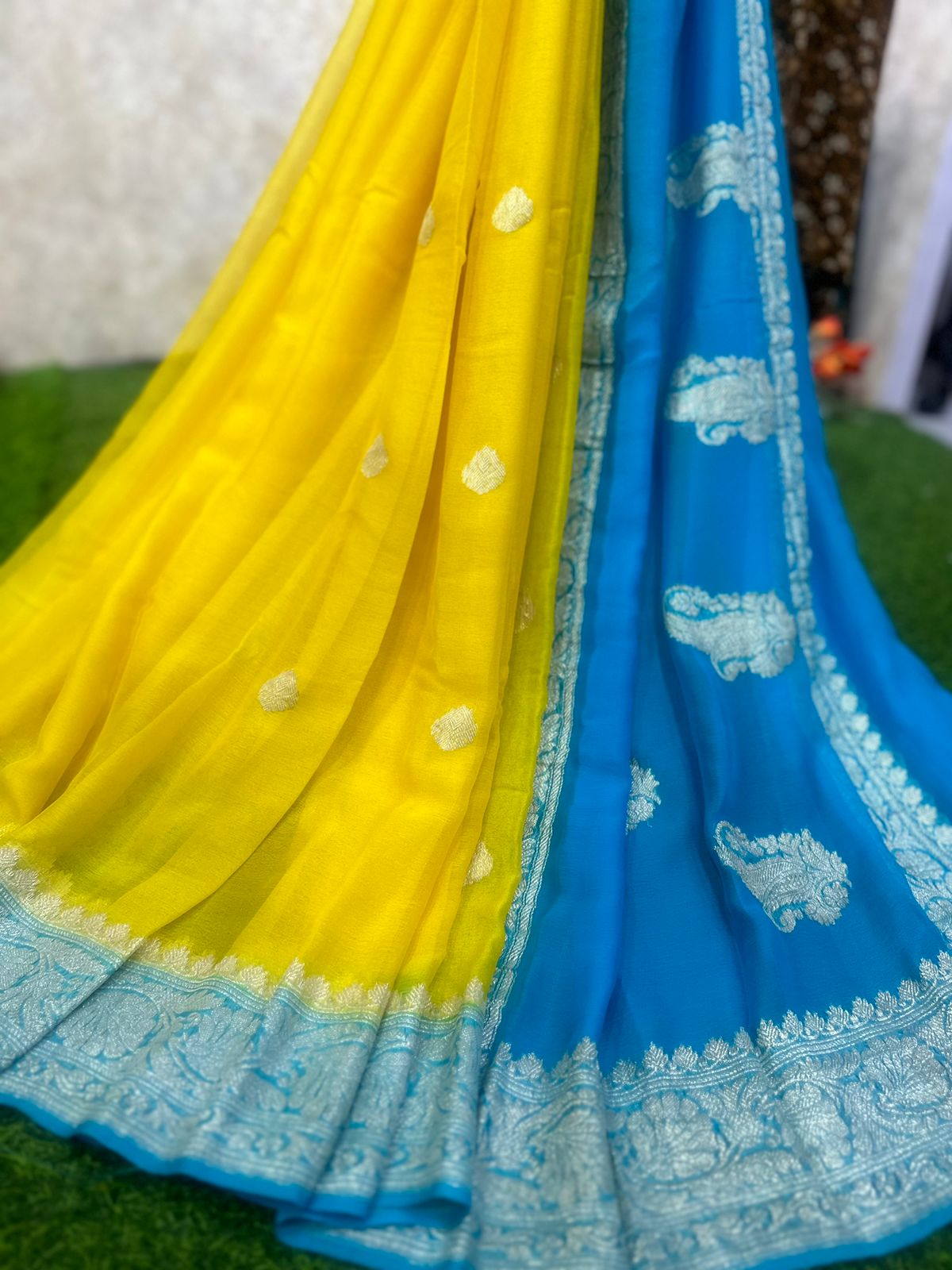Yellow blue benaras pure chiffon