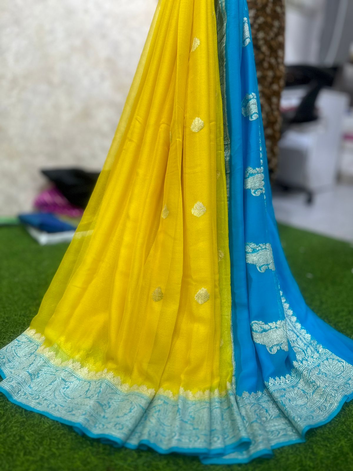 Yellow blue benaras pure chiffon