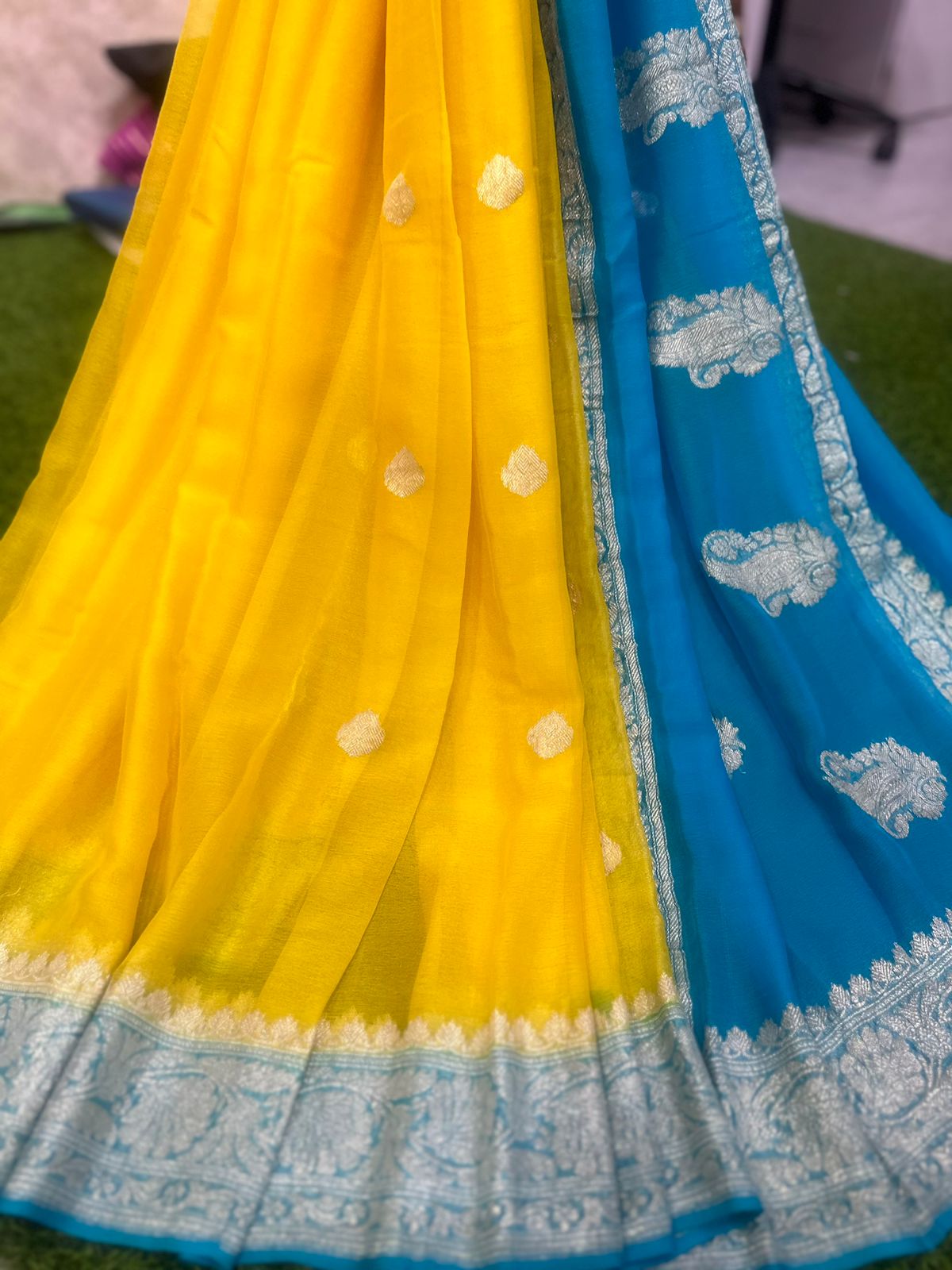 Yellow blue benaras pure chiffon