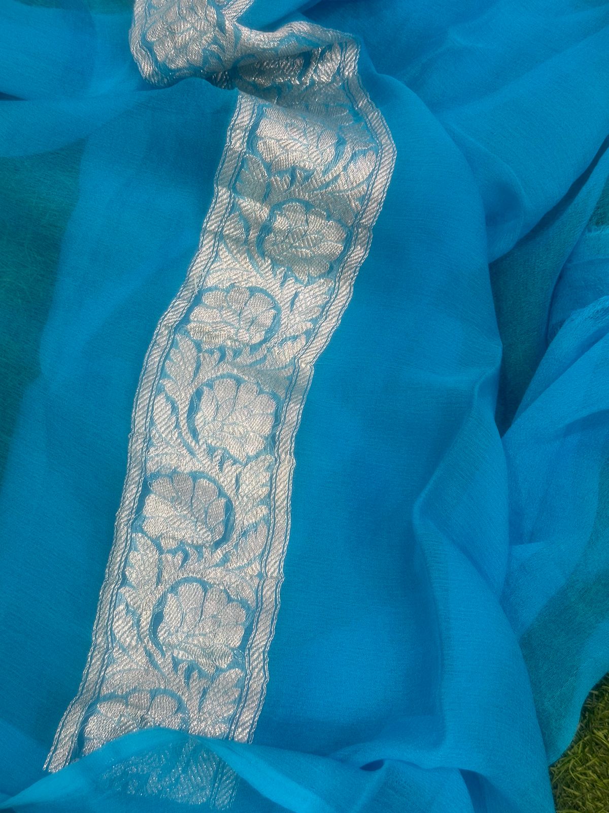 Yellow blue benaras pure chiffon
