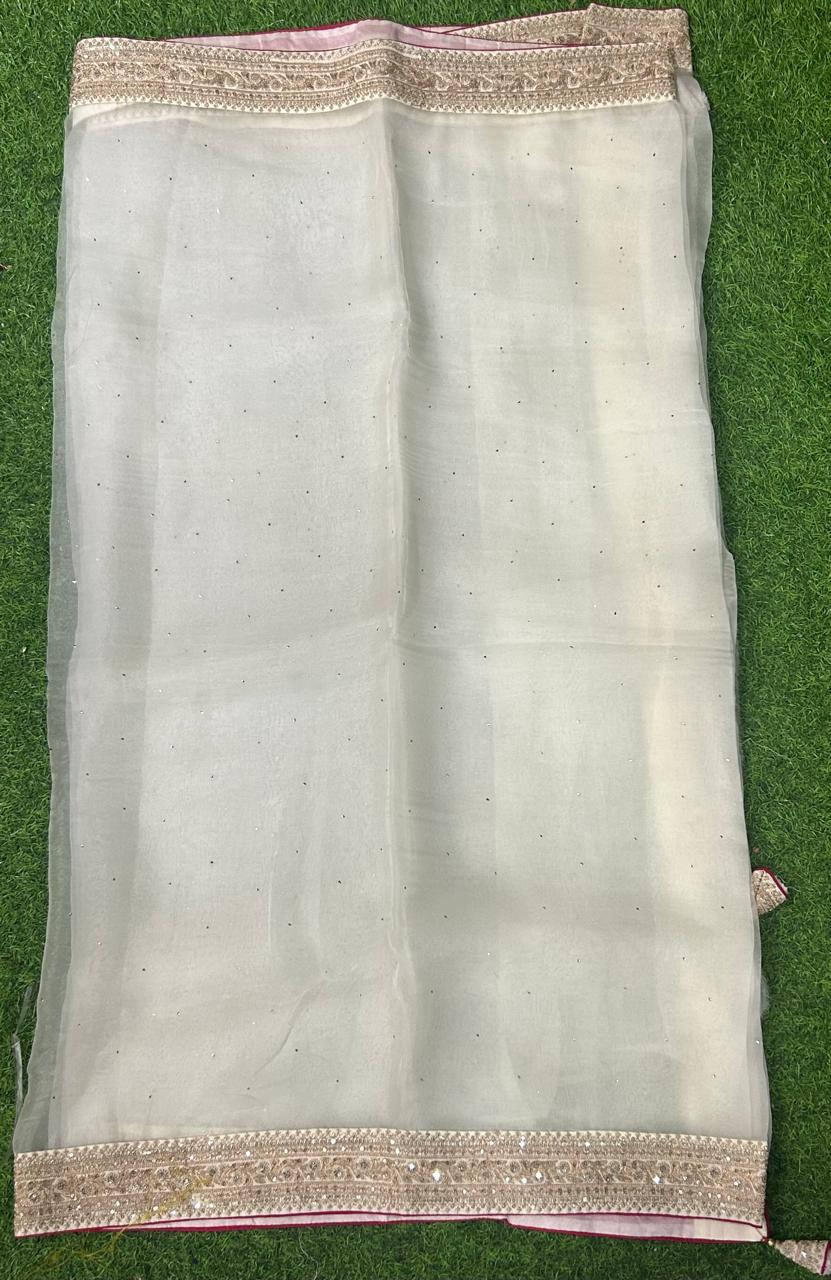 Cream sabyasachi inspired pure organza saree with contrast blouse