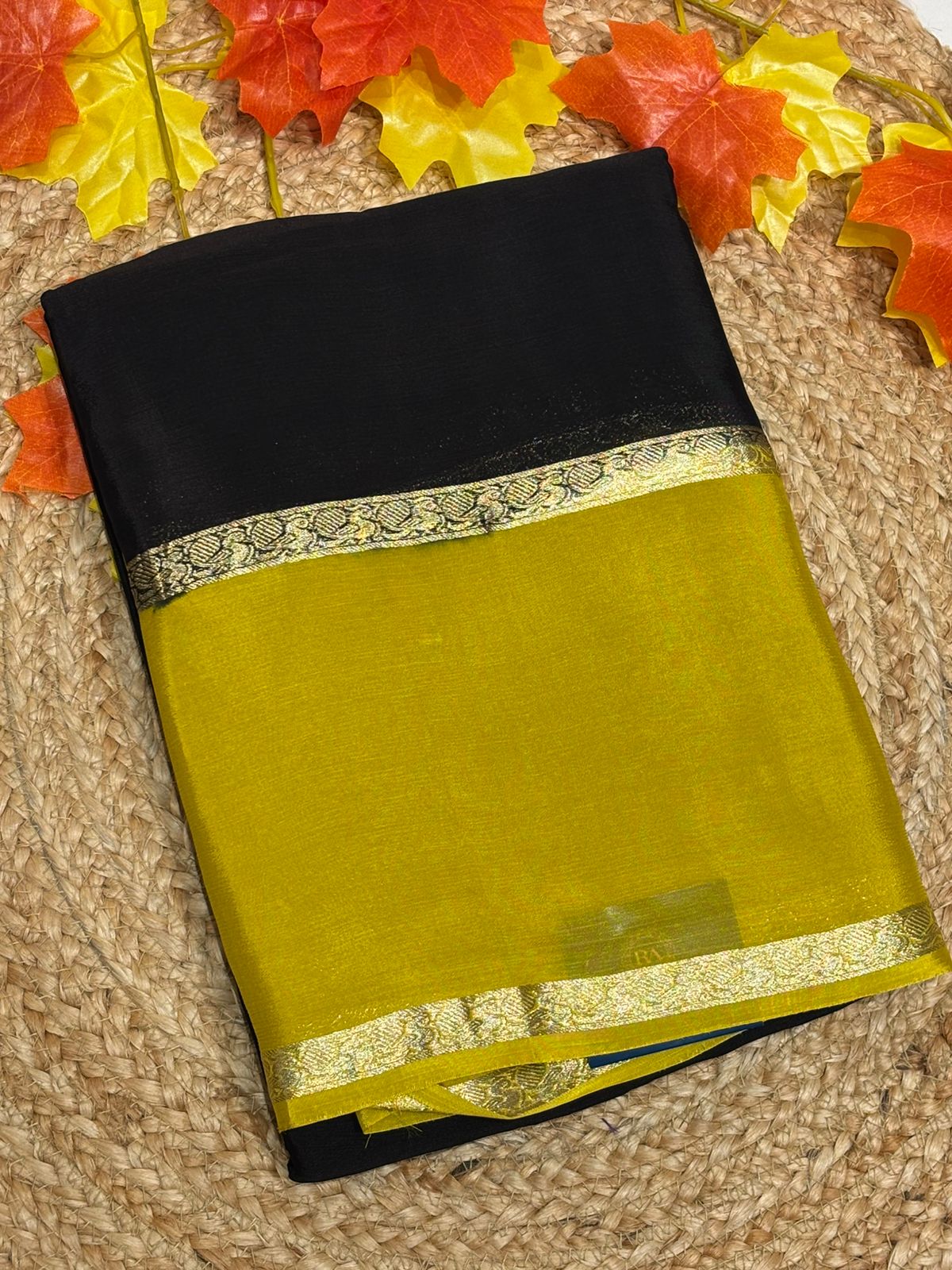 Black n mustard plain wrinkle crepe silk saree
