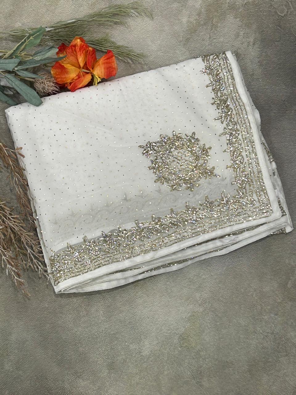 White 04 designer stone work party wear saree