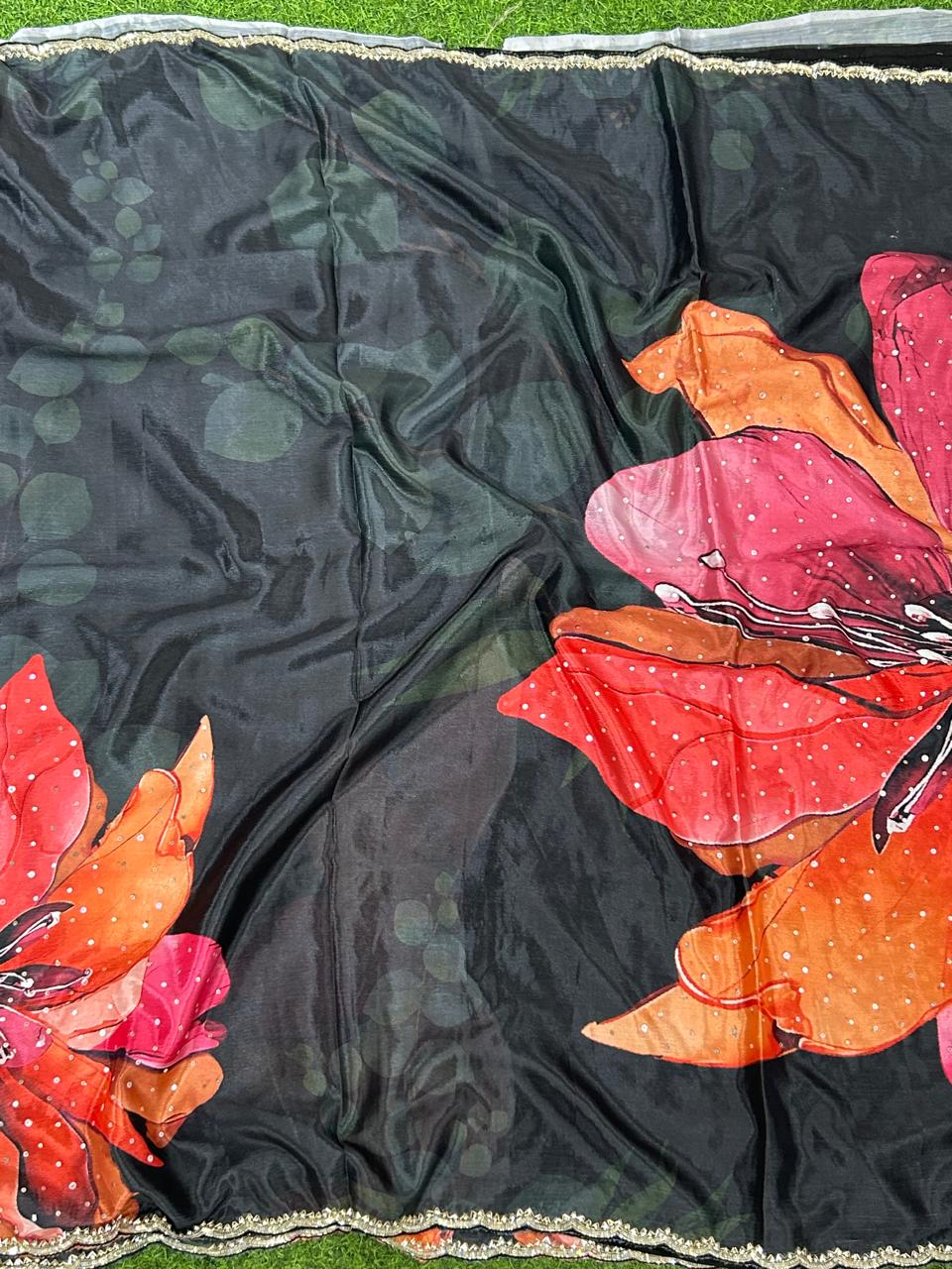 Black 04 digital print satin  crepe party wear saree