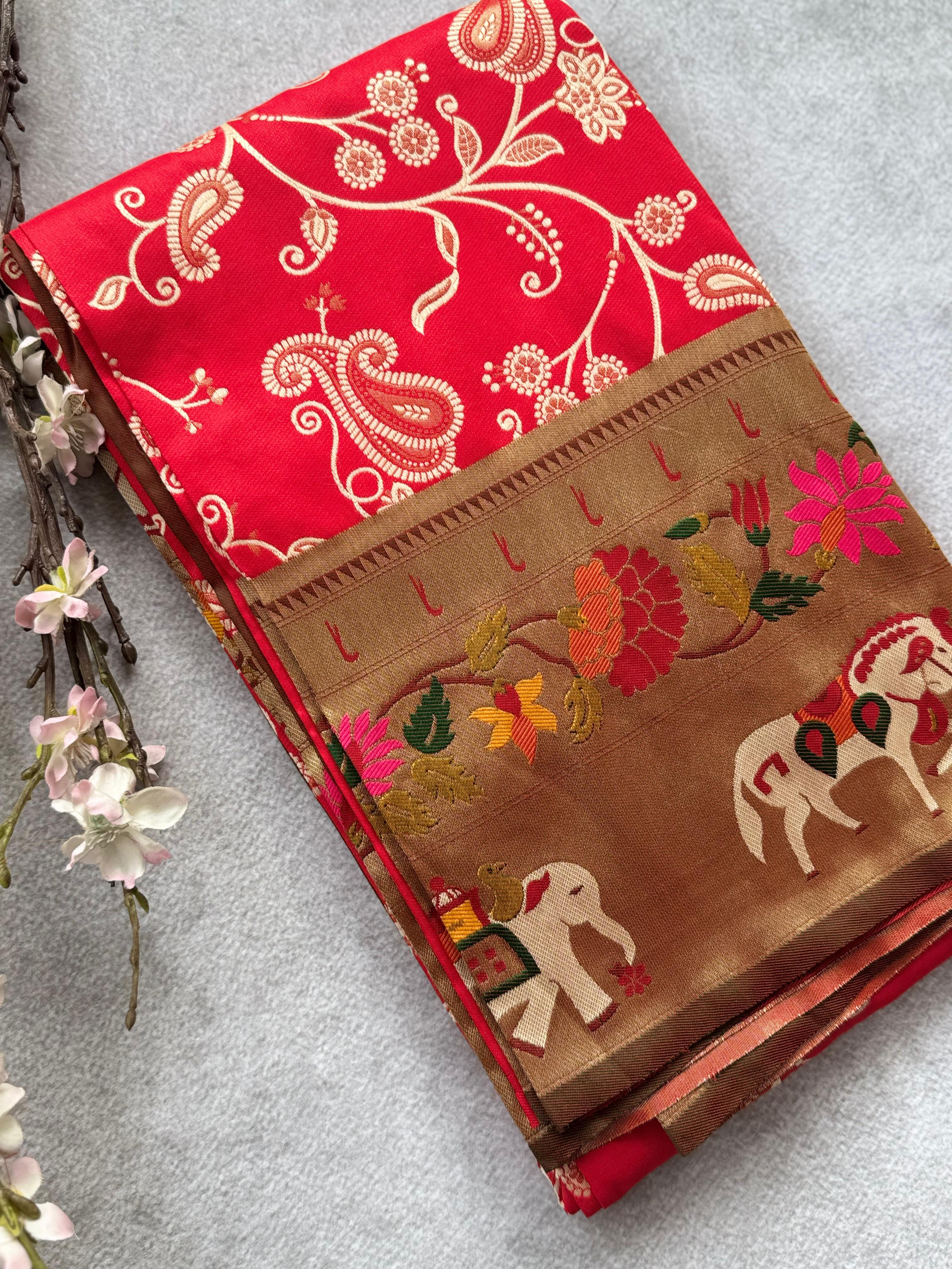 Red paithani border patola saree