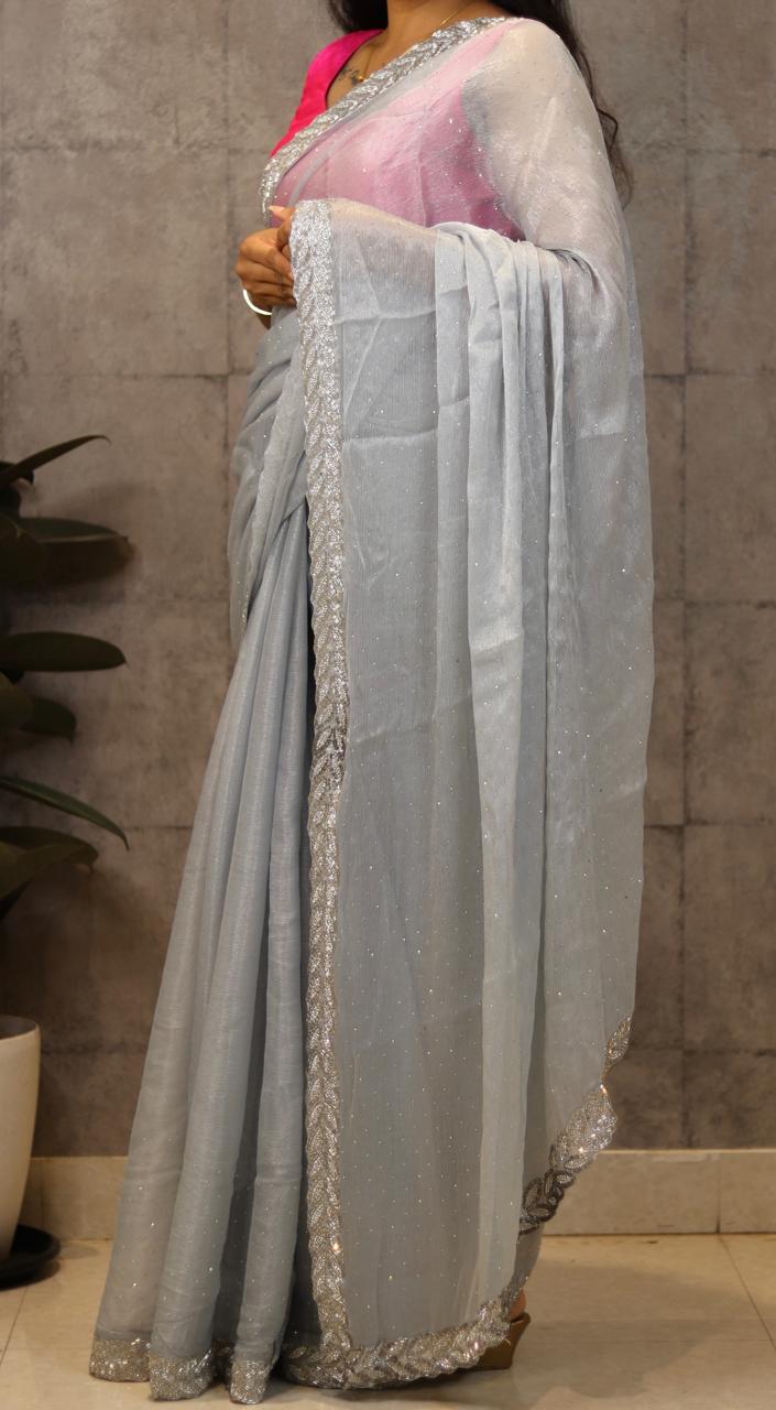 Ivory chinnon crepe party wear with heavy border