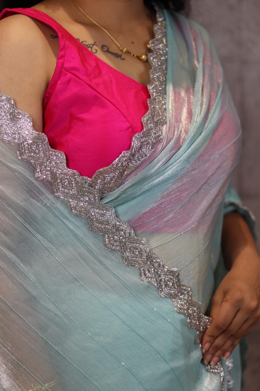 Blue chinnon crepe party wear with heavy border