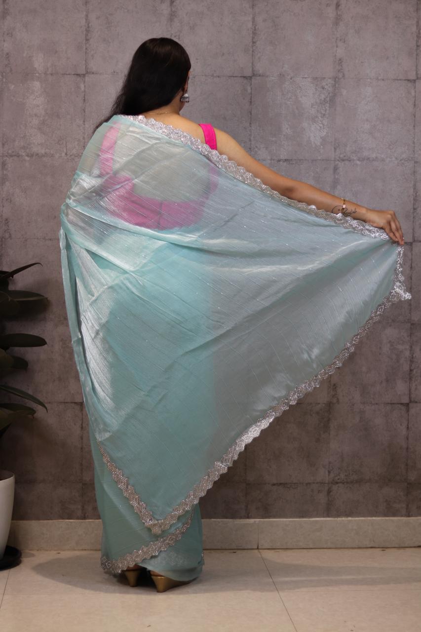 Blue chinnon crepe party wear with heavy border