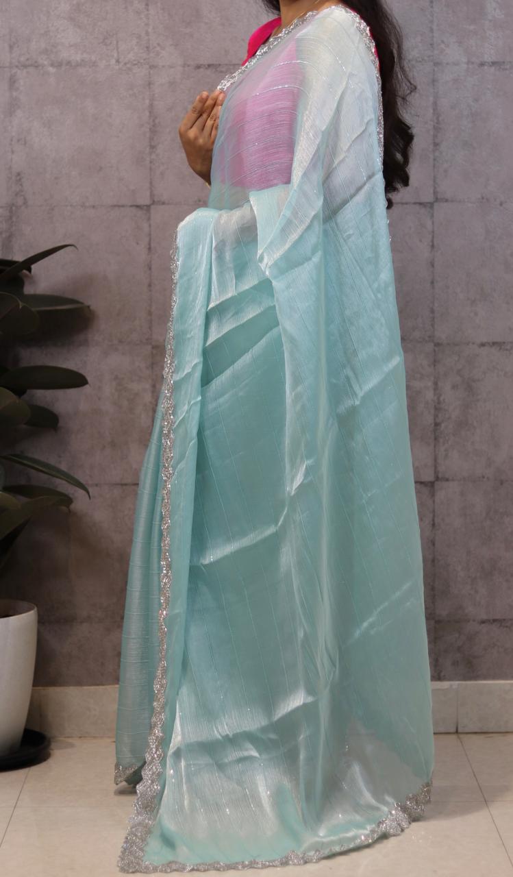 Blue chinnon crepe party wear with heavy border