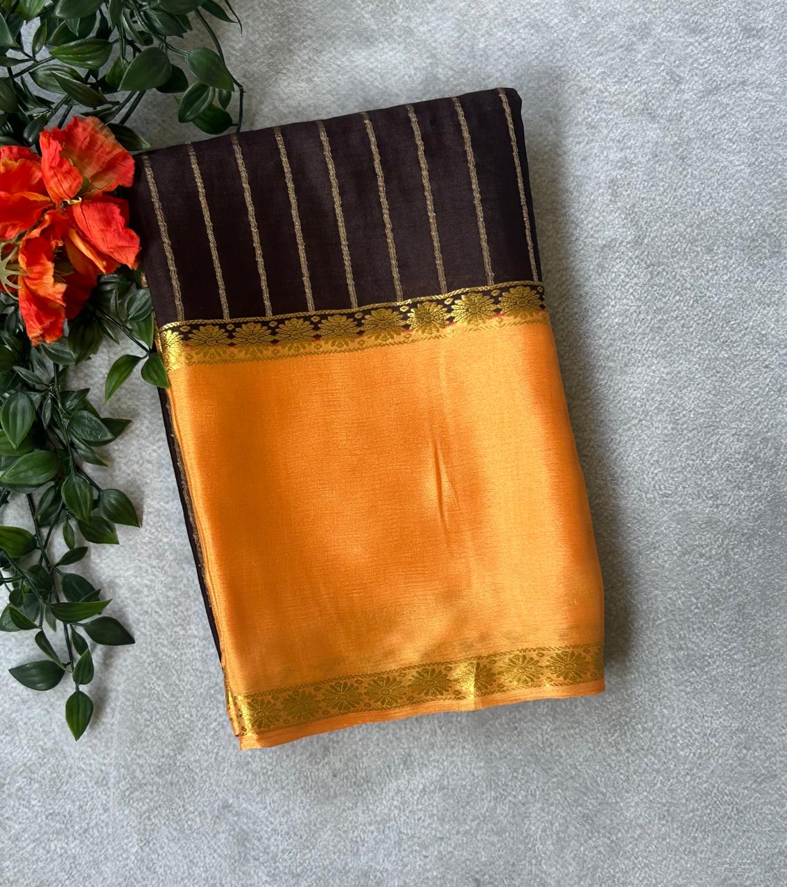 Brown n orange pure wrinkle 103 crepe silk saree