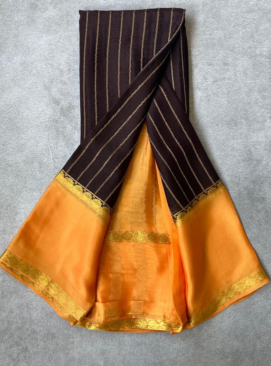Brown n orange pure wrinkle 103 crepe silk saree