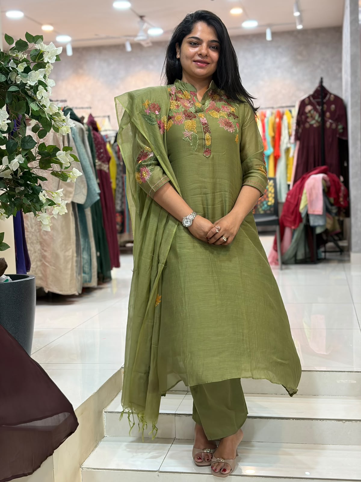 Mehendi Green Chanderi Hand Embroidery Airline Kurtha 655