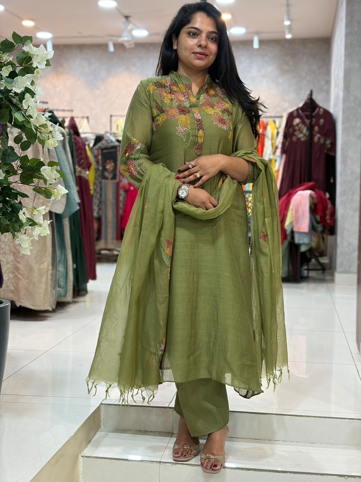 Mehendi Green Chanderi Hand Embroidery Airline Kurtha 655