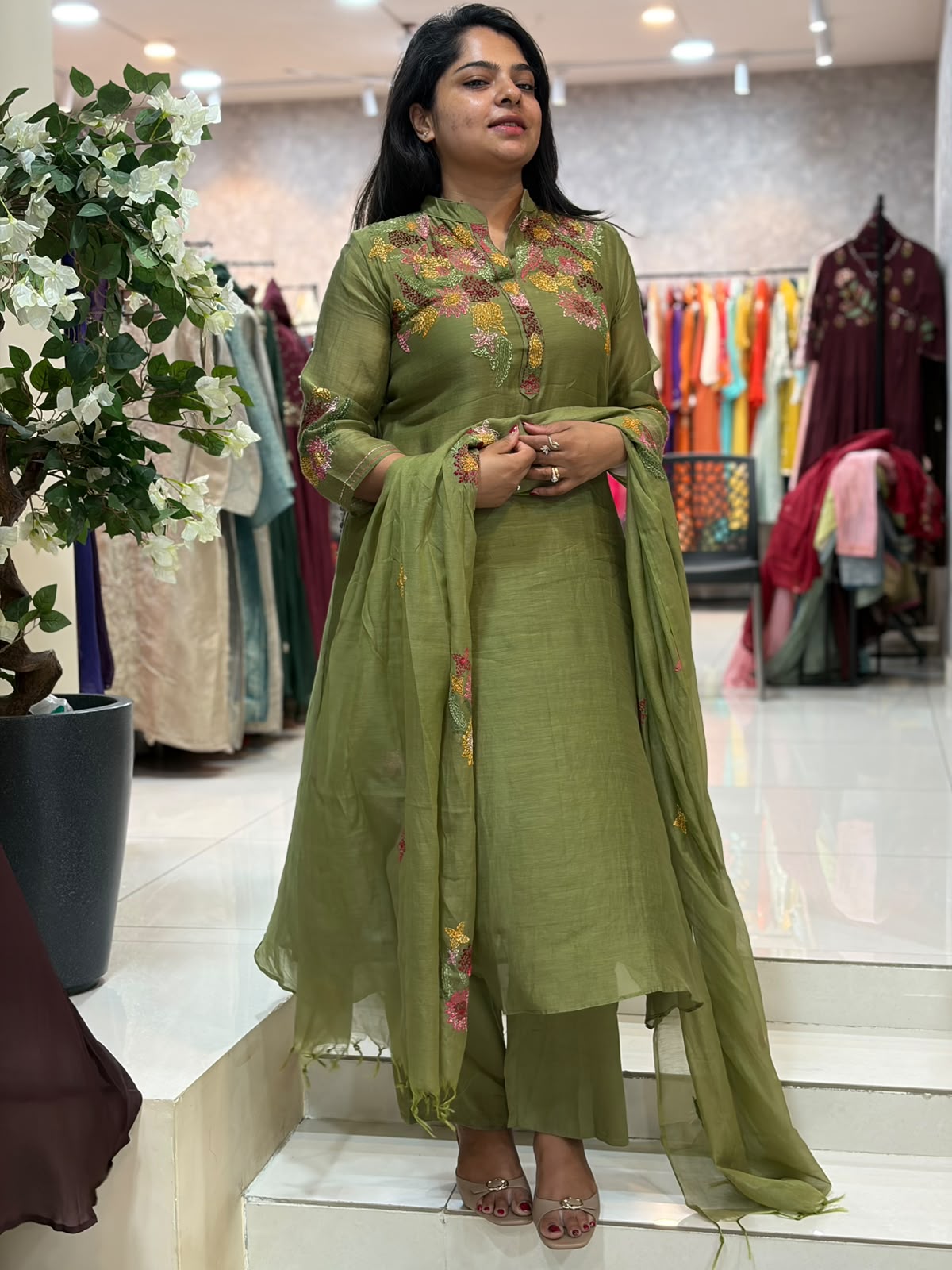 Mehendi Green Chanderi Hand Embroidery Airline Kurtha 655