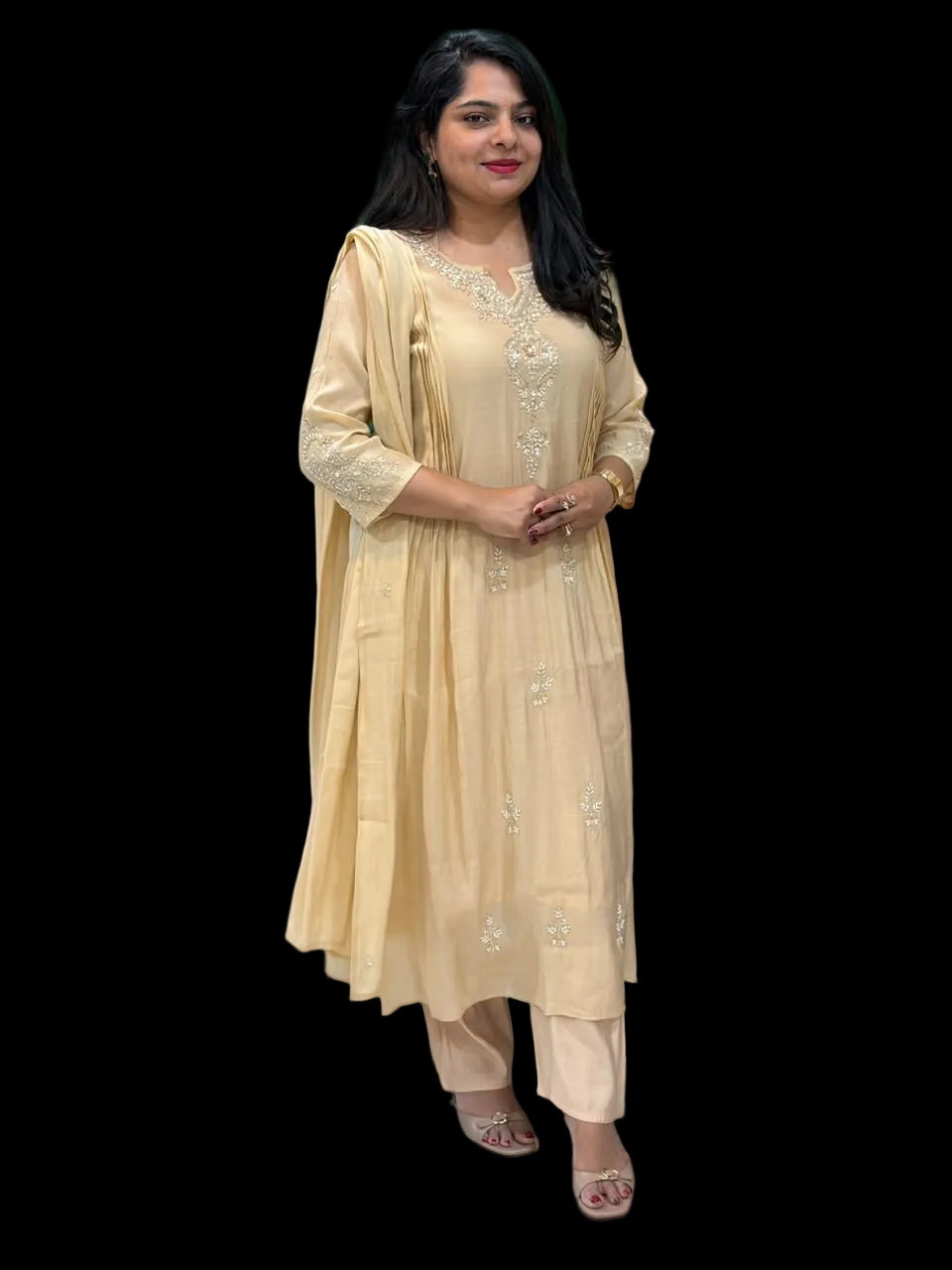 Cream Mul Chanderi Hand Embroidery Airline Kurtha 588