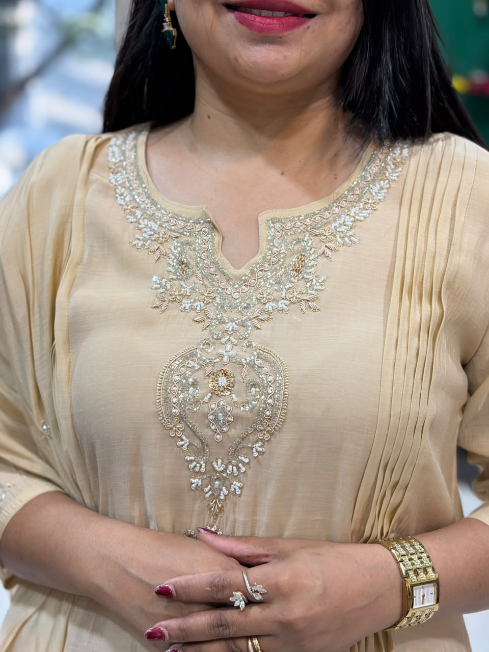 Cream Mul Chanderi Hand Embroidery Airline Kurtha 588