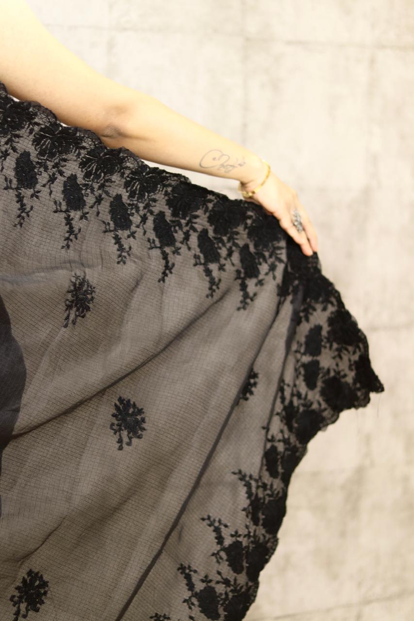 Black embroidered kota checks party wear saree