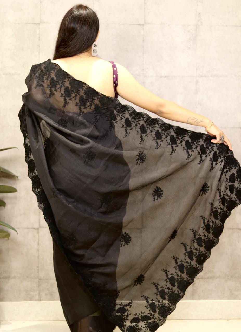 Black embroidered kota checks party wear saree