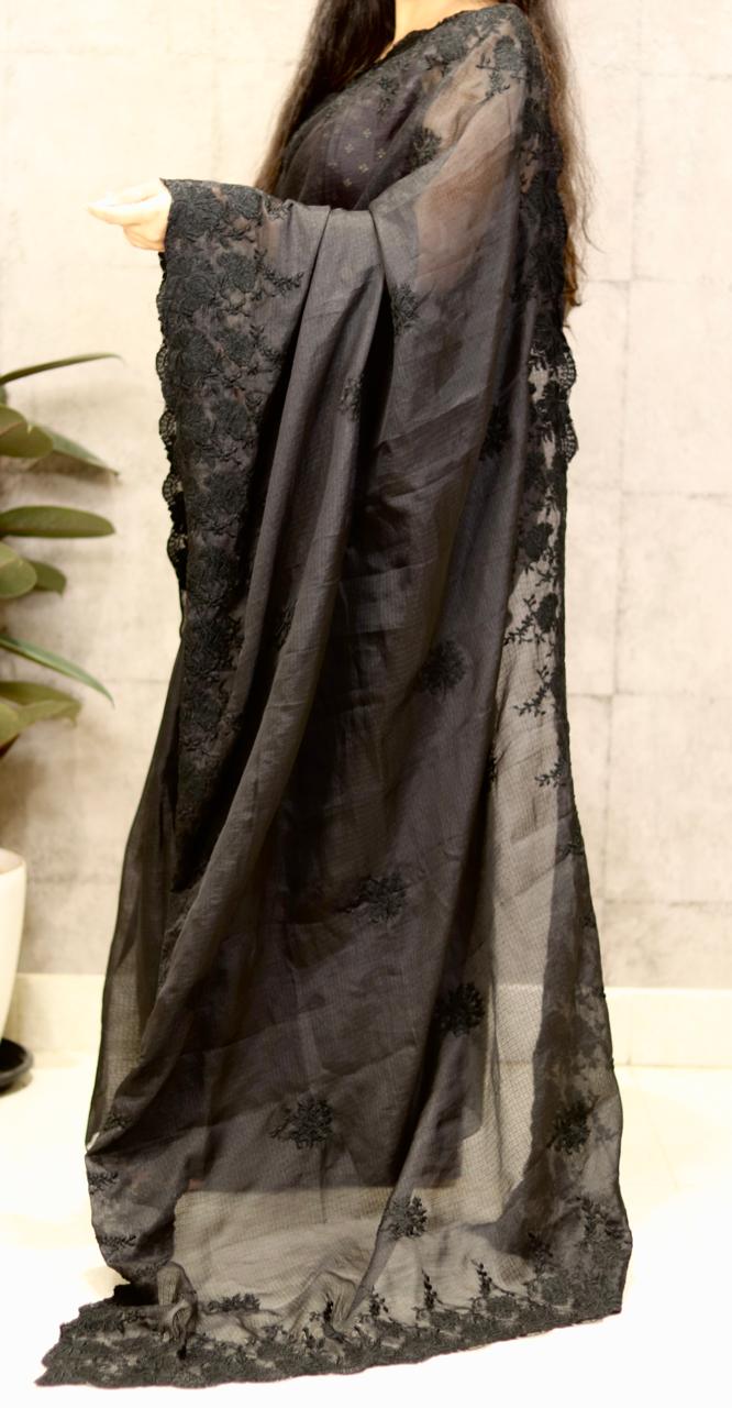 Black embroidered kota checks party wear saree
