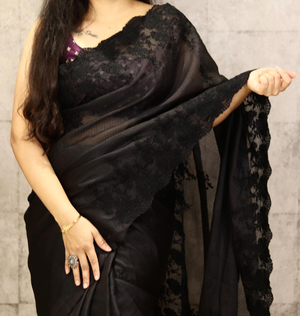 Black embroidered kota checks party wear saree