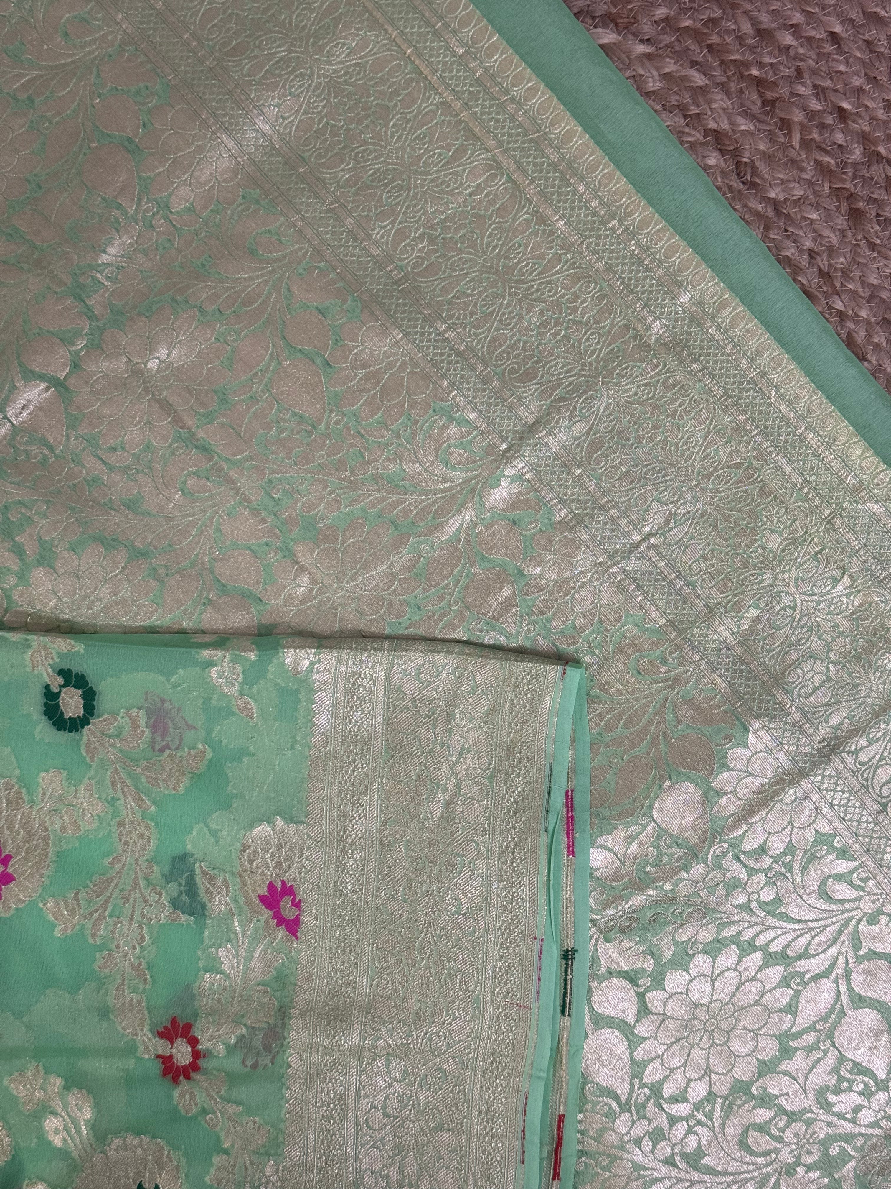 Sea green meena pure  georgette benarasi saree