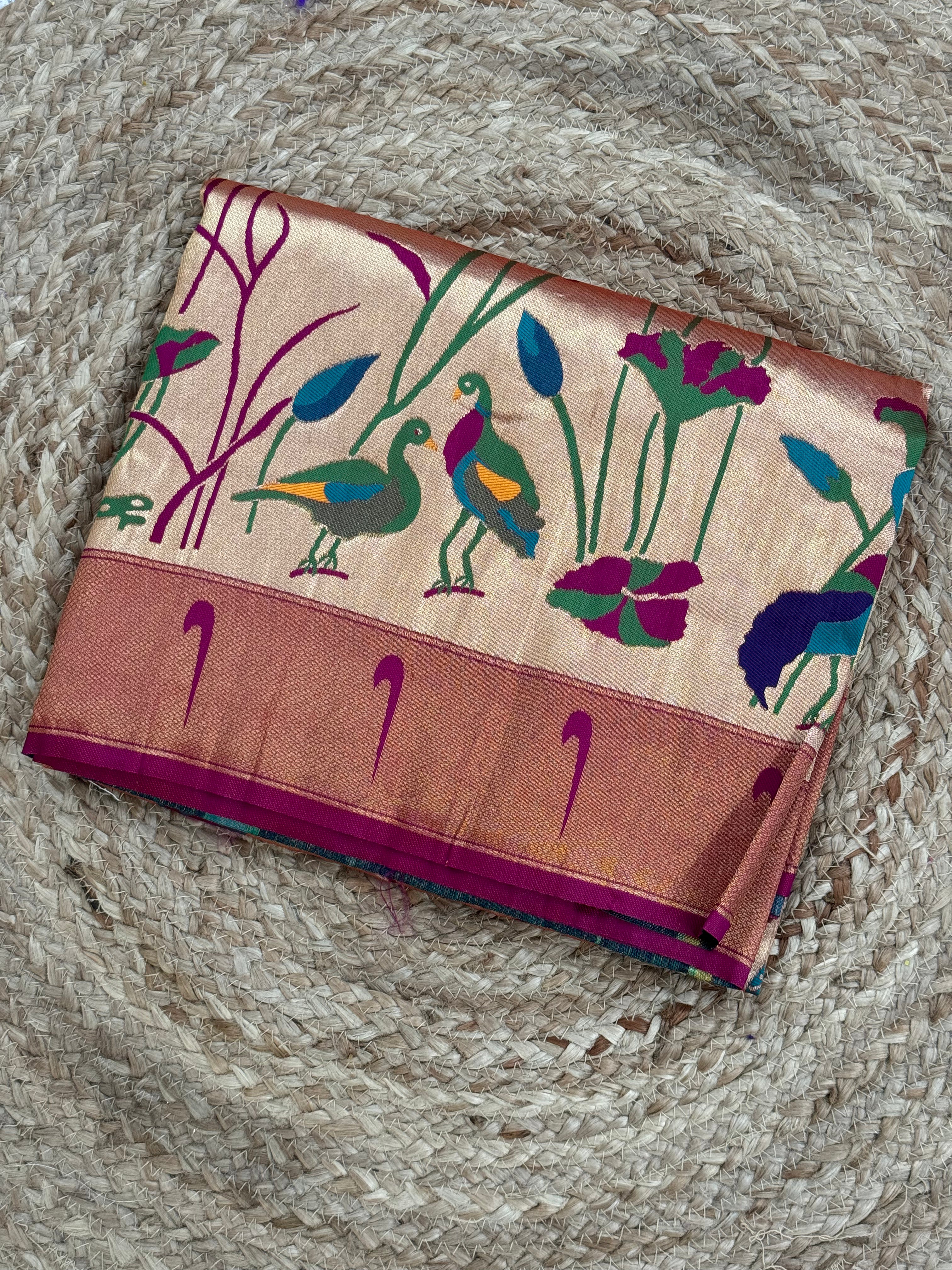 Golden wine paithani tissue silk saree