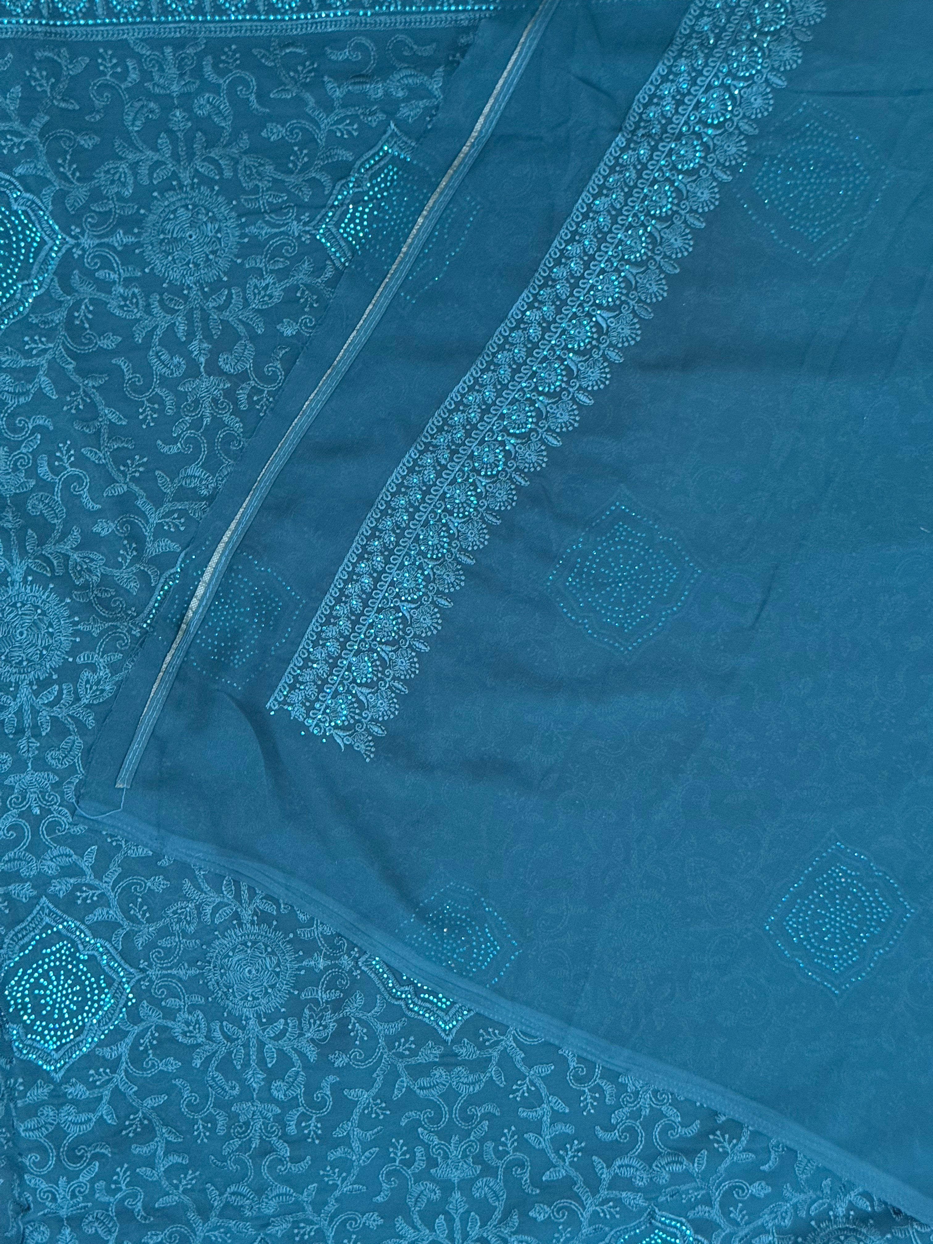 Blue chickankari Georgette saree