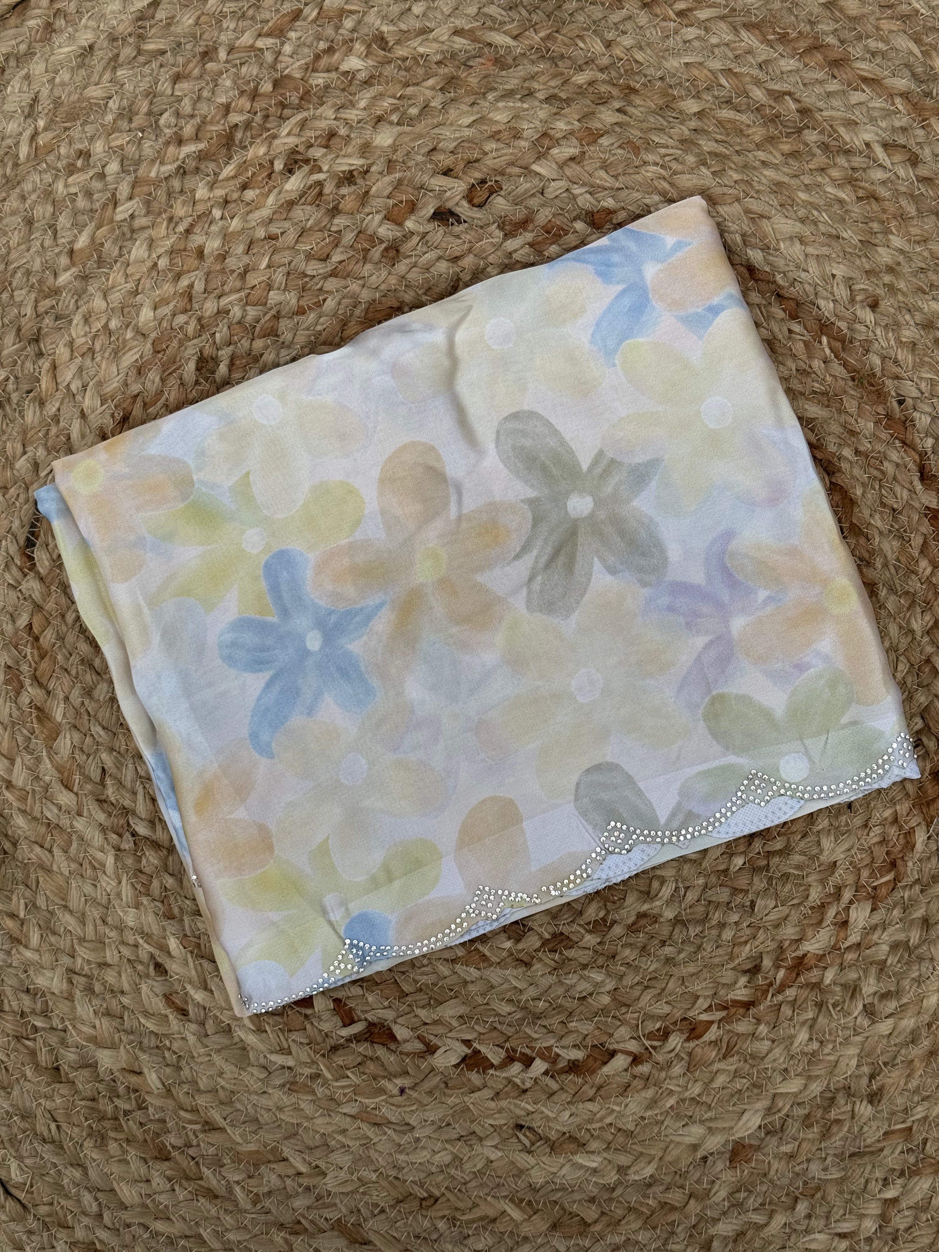 Yellow digital stone party wear satin saree