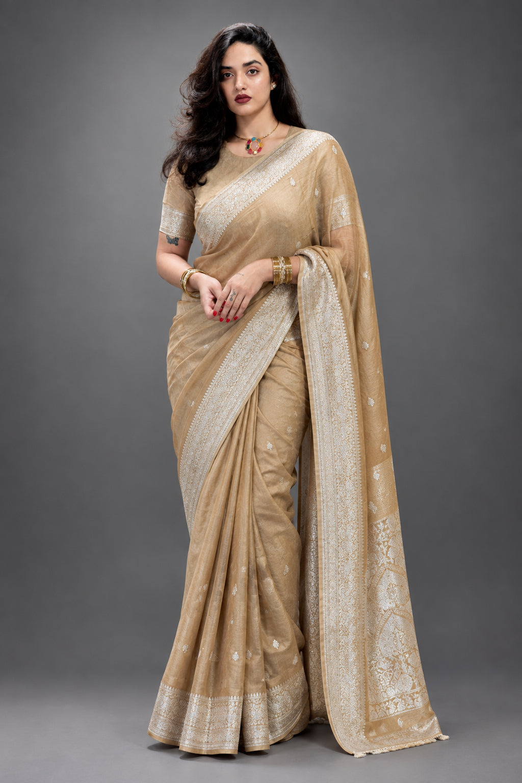 Pastel Brown Small Butta Pure Chiffon Saree (Shreya Vishakant)